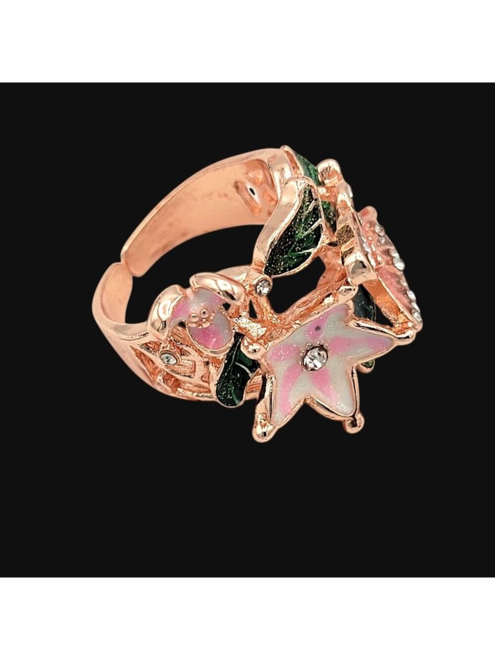 Floral Butterfly Adjust Ring Rose Gold Color Rhinestone Accents Enamel Details